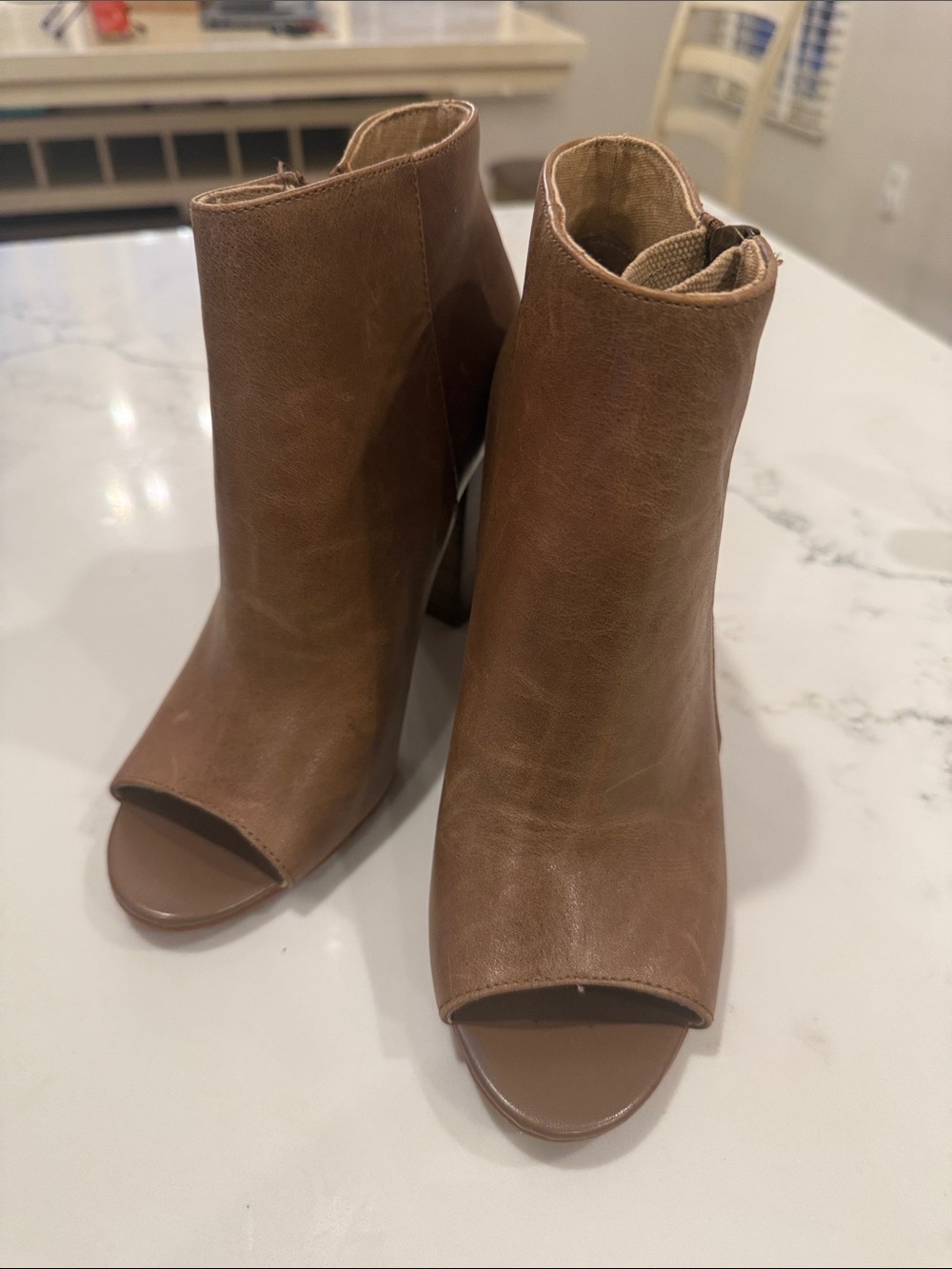 levity Tan Open-Toe Ankle Booties